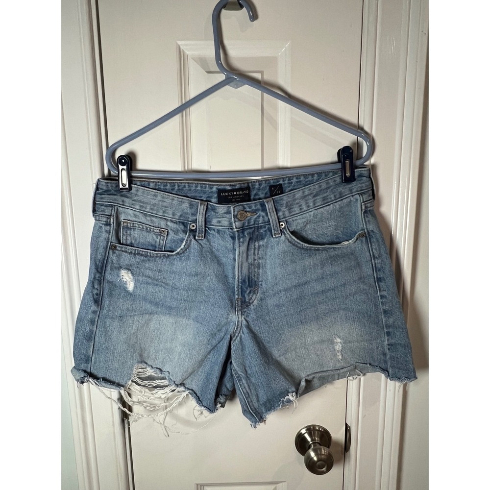 Lucky Brand Boyfriend Short Light Wash Distressed Denim Cut Off Size 8 29